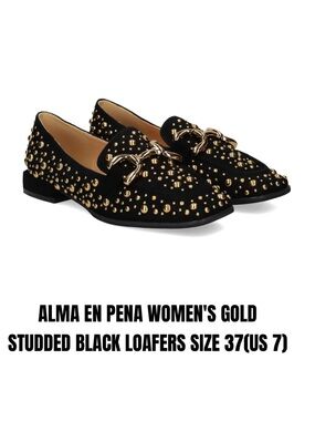 ALMA EN PENA WOMEN'S GOLD STUDDED BLACK LOAFERS SIZE 37(US 7)